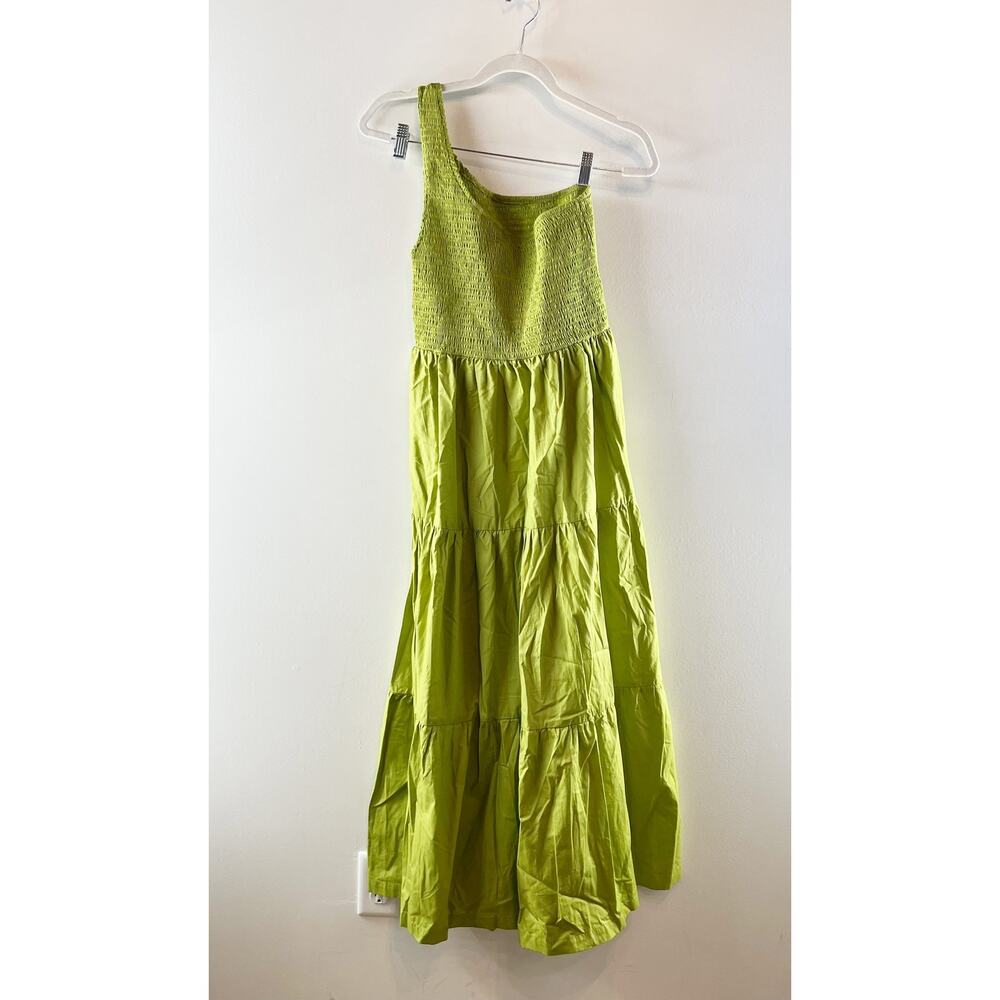 o.p.t One Shoulder Smocked Tiered A-Line Maxi Dress Chartreuse Green Large - Picture 4 of 8